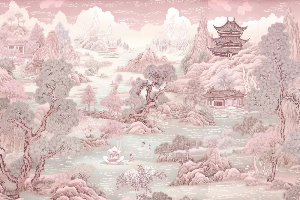 Solid oriental toile art style with pastel forest landscape outdoors nature.