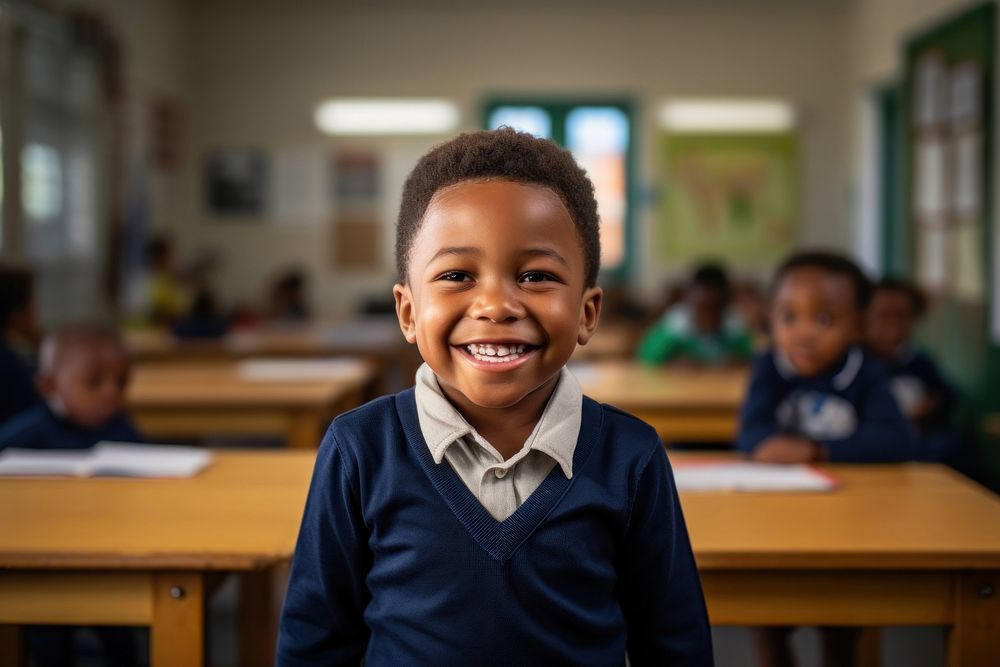 Little African student boy laughing school architecture classroom. AI generated Image by rawpixel.
