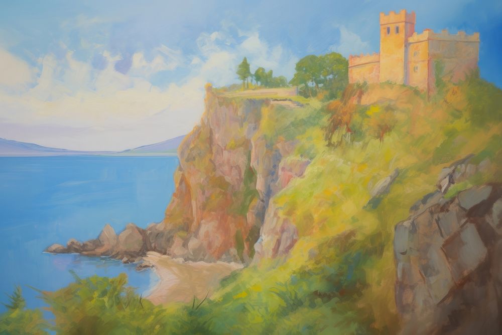 Landscape painting castle cliff.