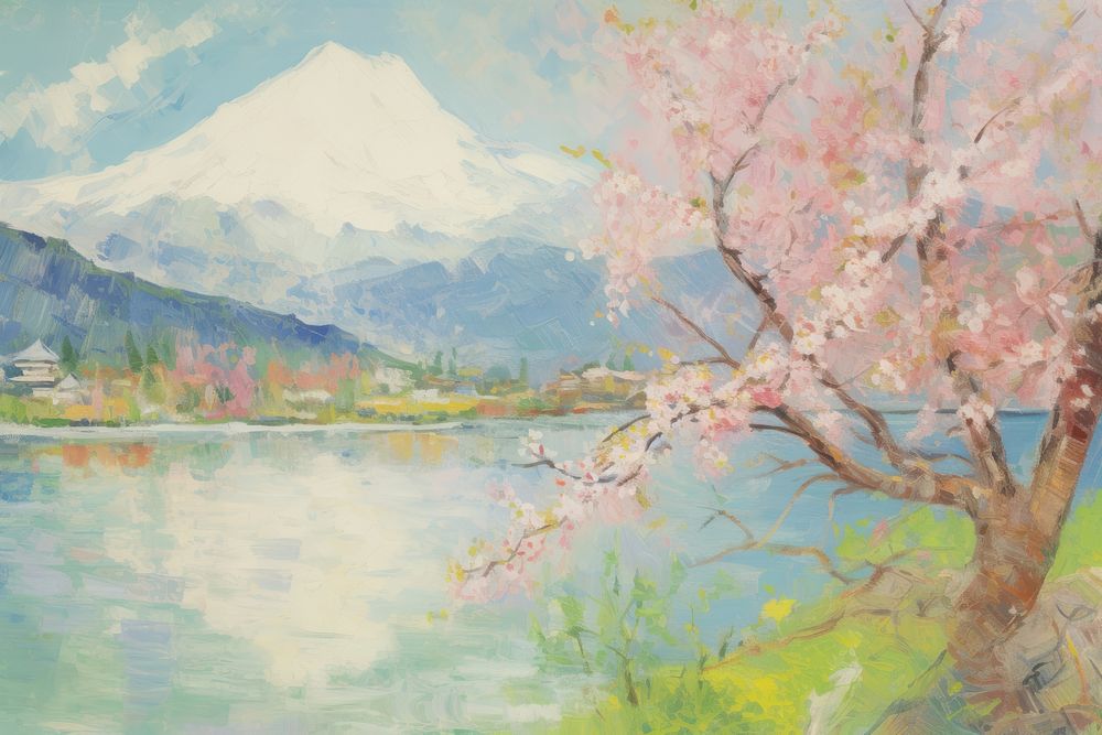 Painting blossom landscape mountain.
