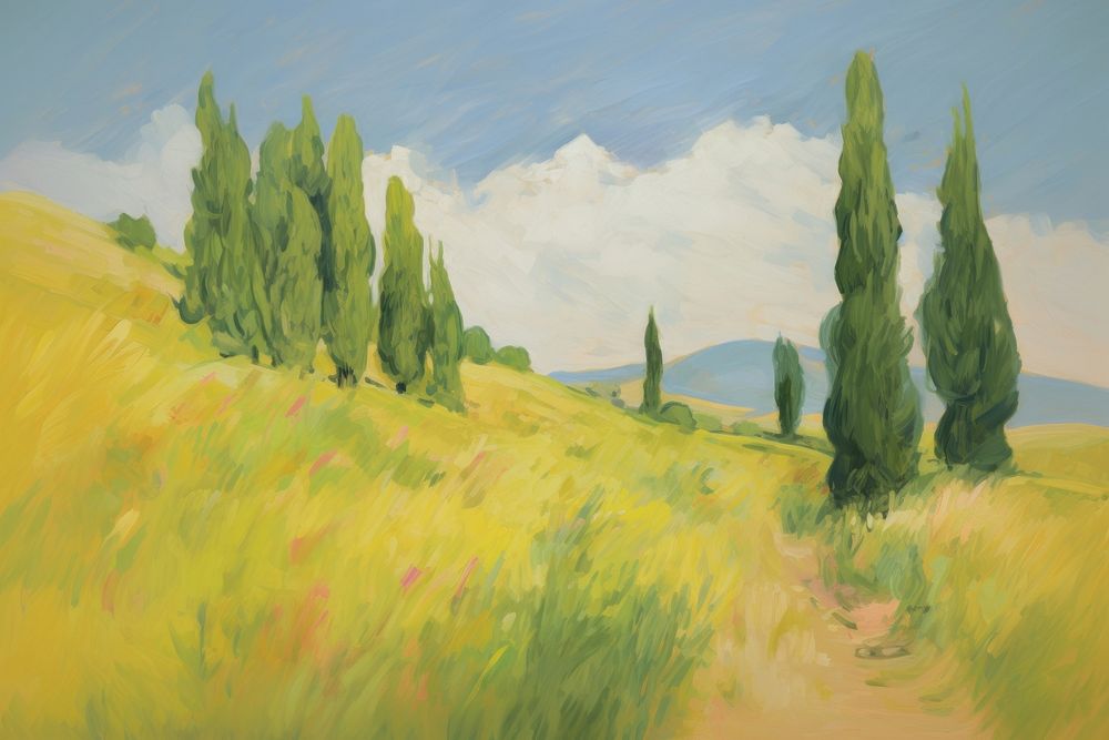 Grass field with cypress trees landscape painting grassland.