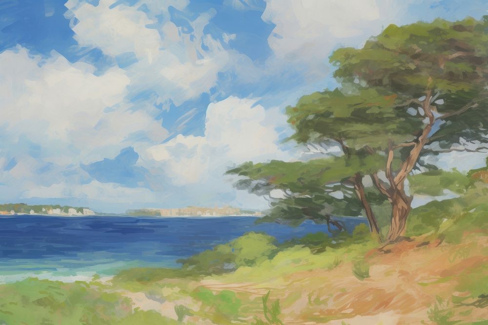 Landscape painting tree sea.
