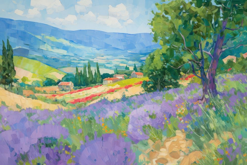 Landscape painting field lavender.