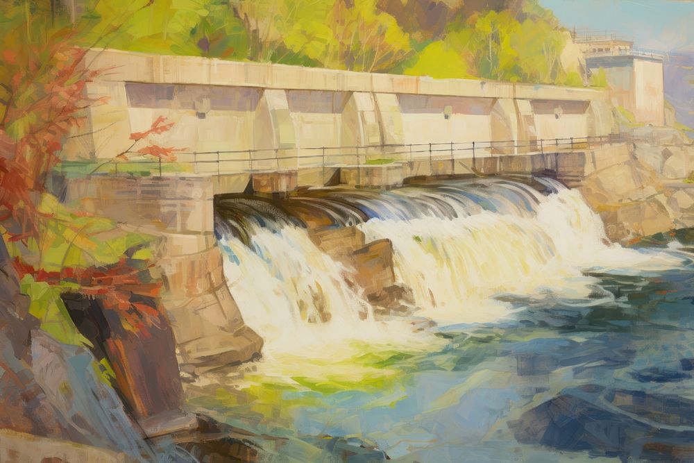 Hydroelectric dam painting outdoors drawing. AI generated Image by rawpixel.