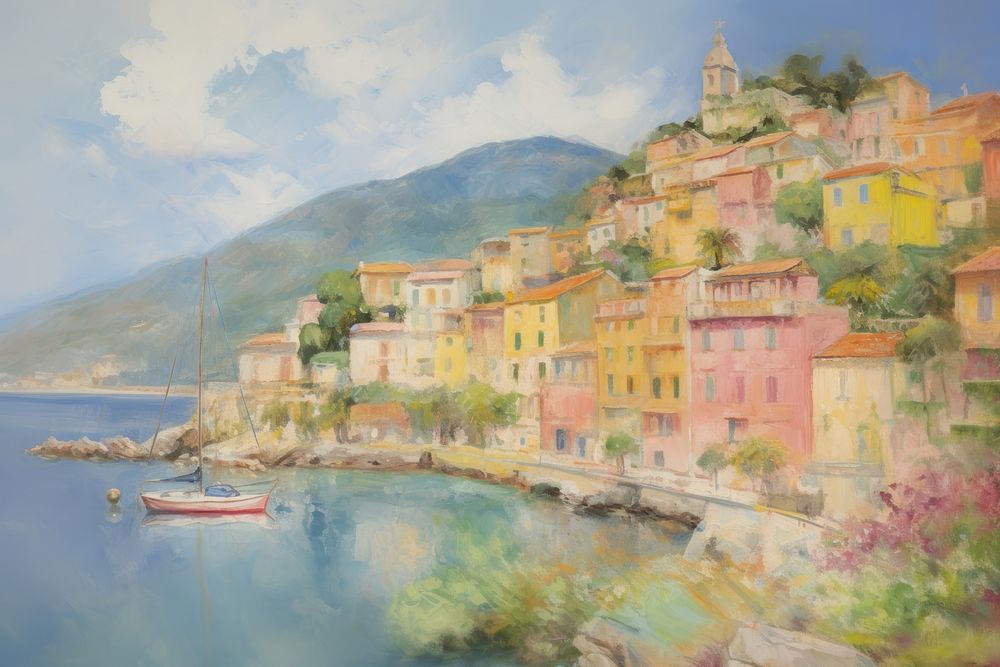 Italian coastal town painting waterfront landscape.