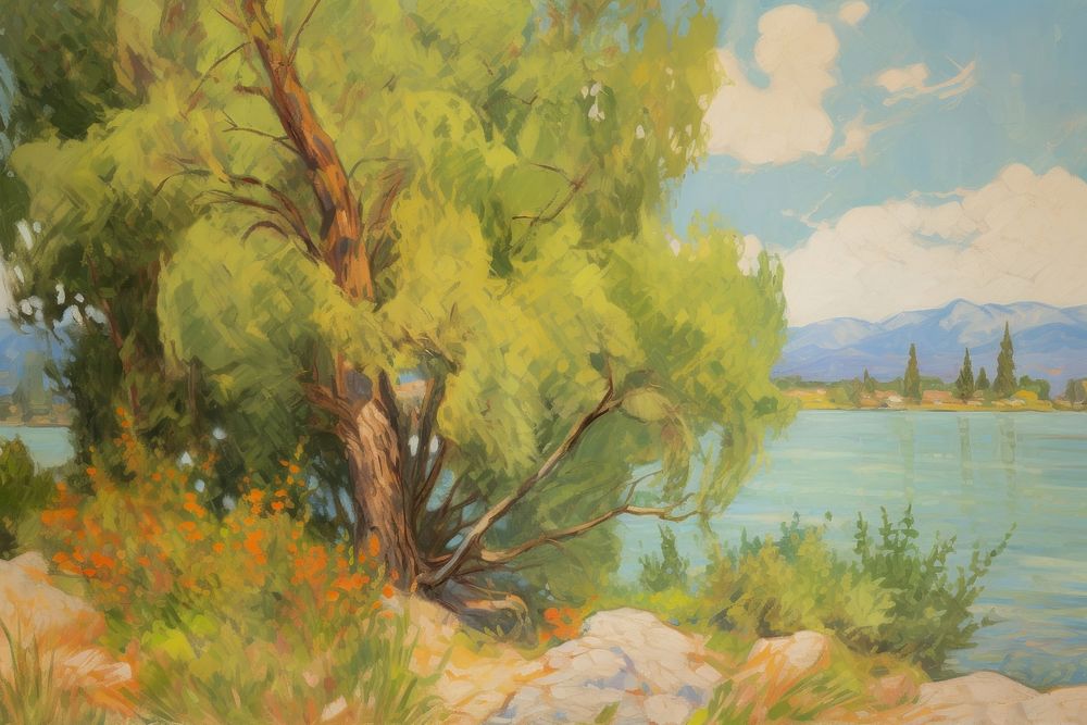 Lake view with cypress tree landscape painting outdoors.