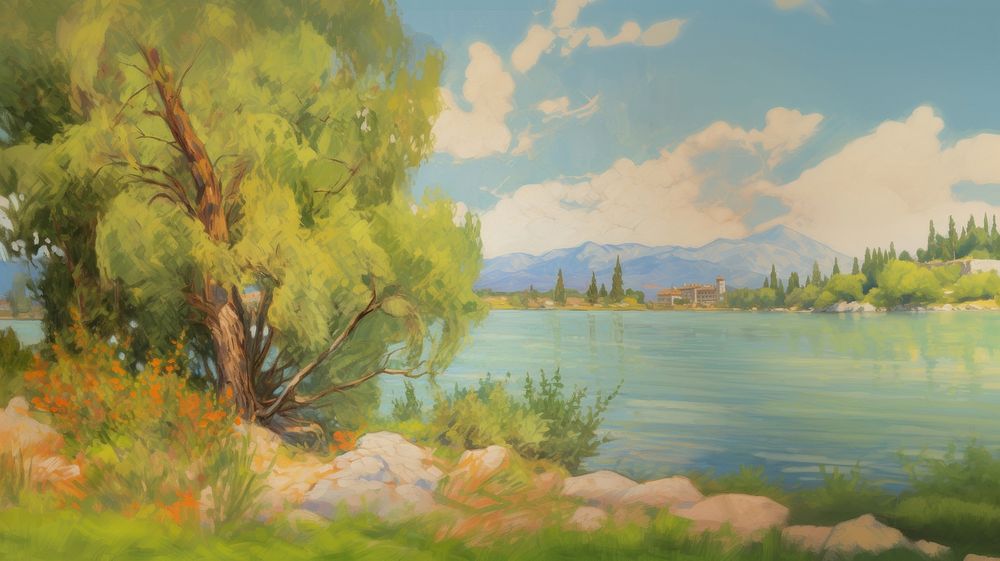 Lake view landscape painting outdoors.