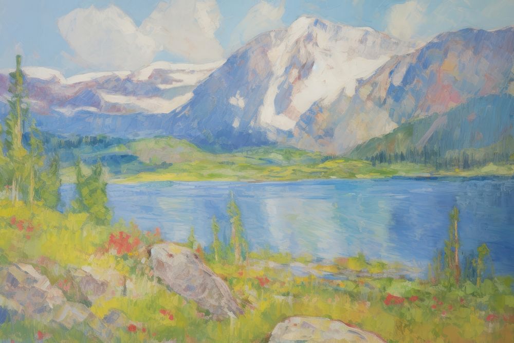 Lake and snowy mountain range landscape painting outdoors.