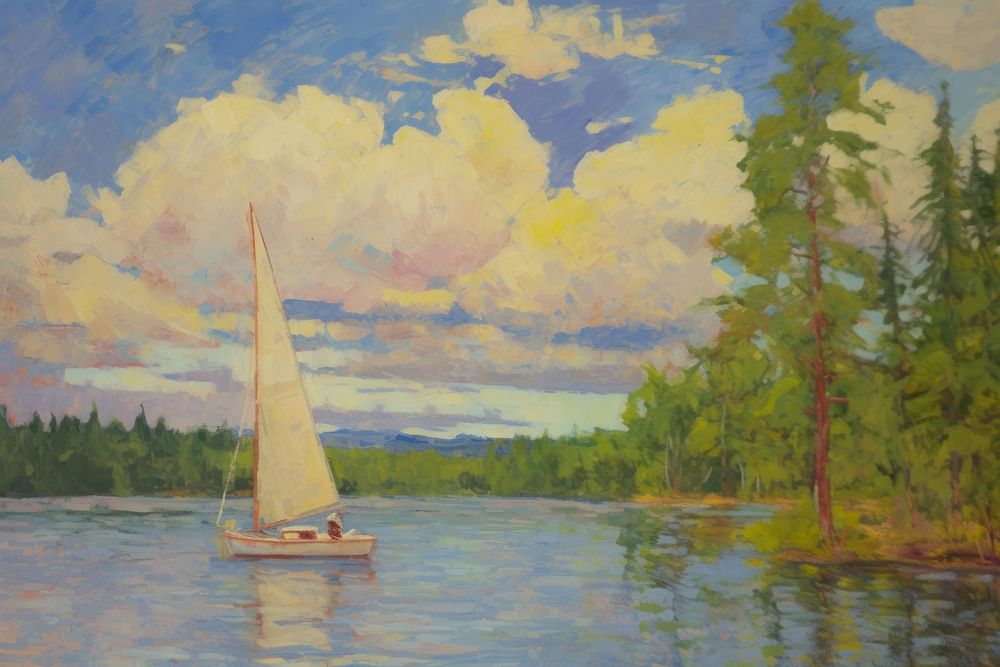 Painting boat landscape sailboat.