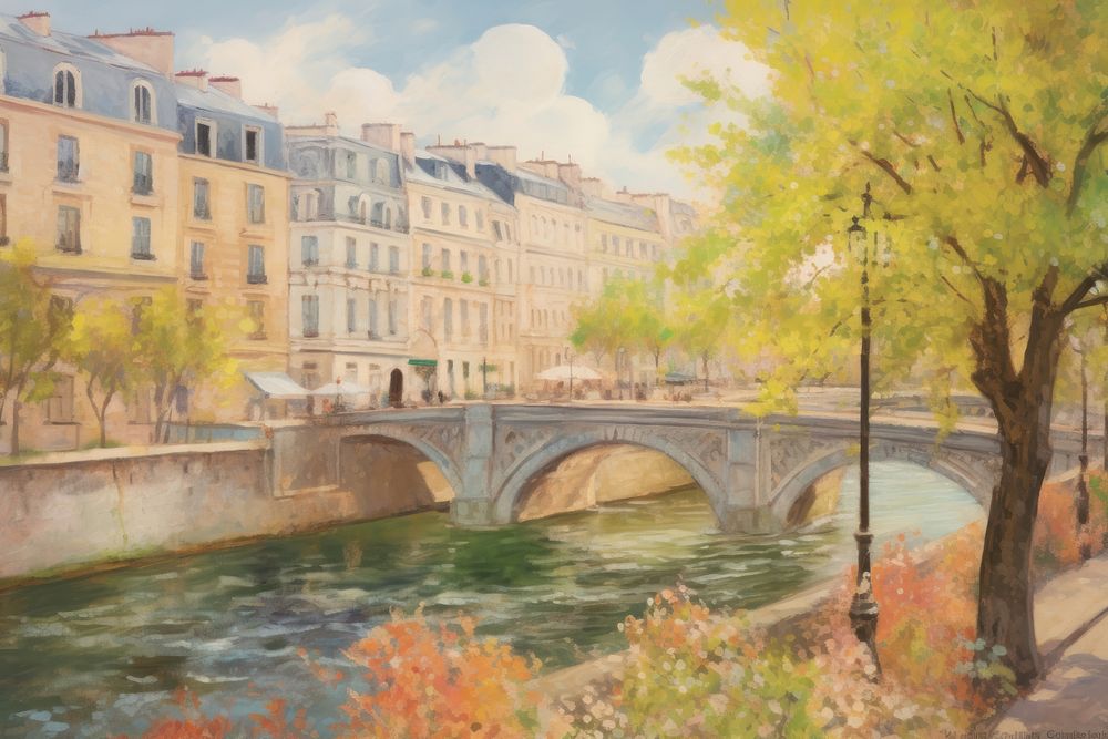 Paris with trees and river bridge painting architecture building.