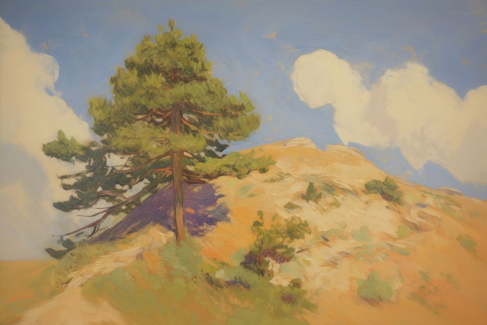 Pine tree on a dry hill painting landscape outdoors.