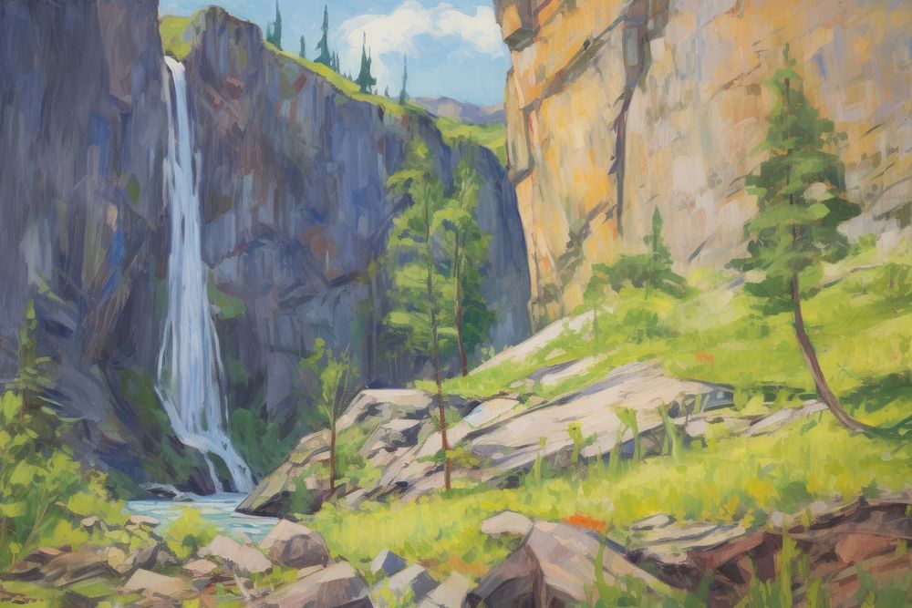 Painting rock wilderness waterfall. AI generated Image by rawpixel.