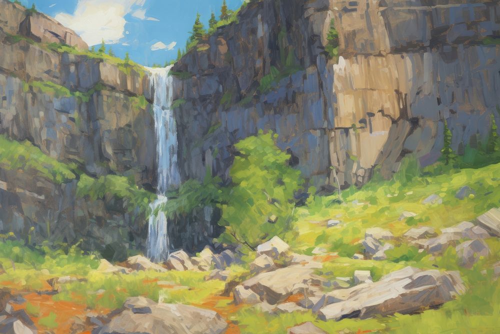 Painting cliff rock waterfall. AI generated Image by rawpixel.