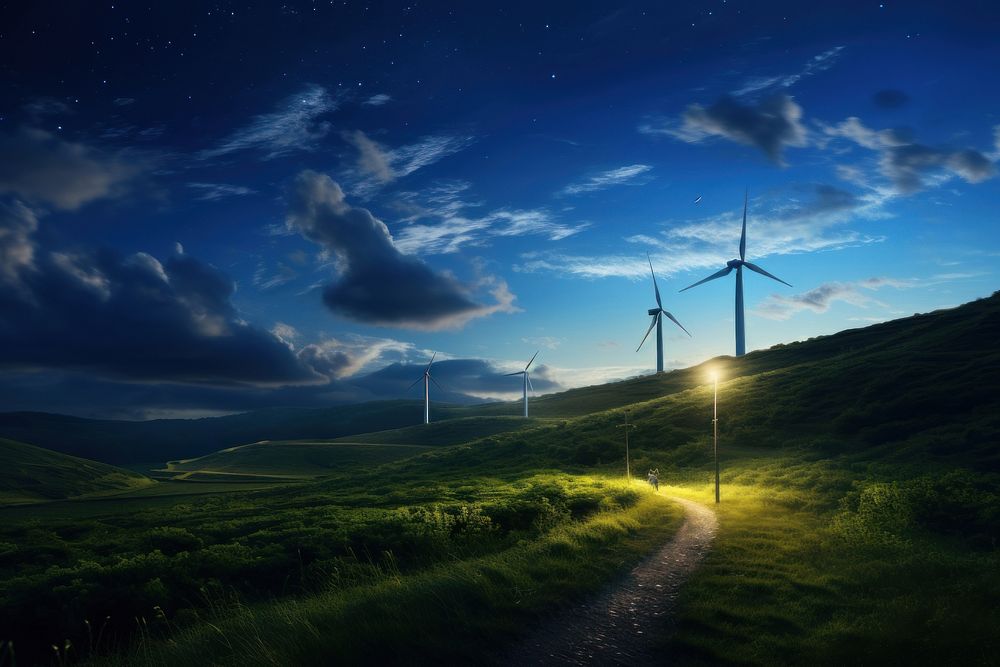 3 wind turbines on the hilly grassfield sky landscape outdoors. AI generated Image by rawpixel.