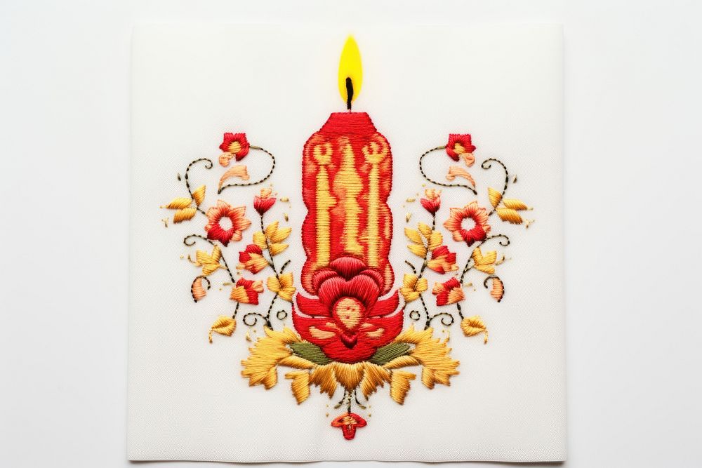 Candle in embroidery style pattern representation celebration.