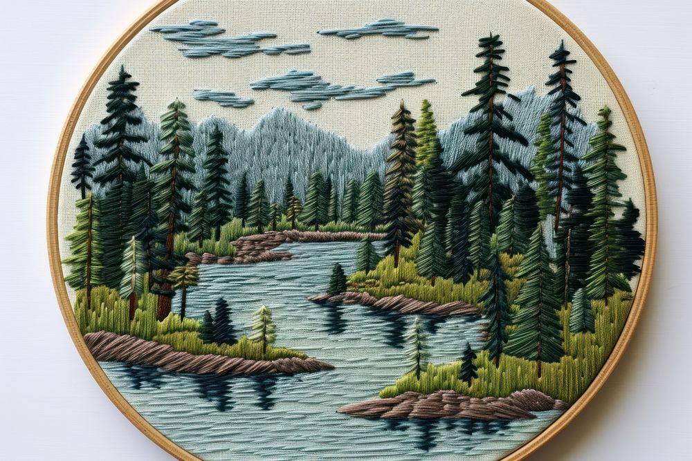 Lake in embroidery needlework pattern plant.