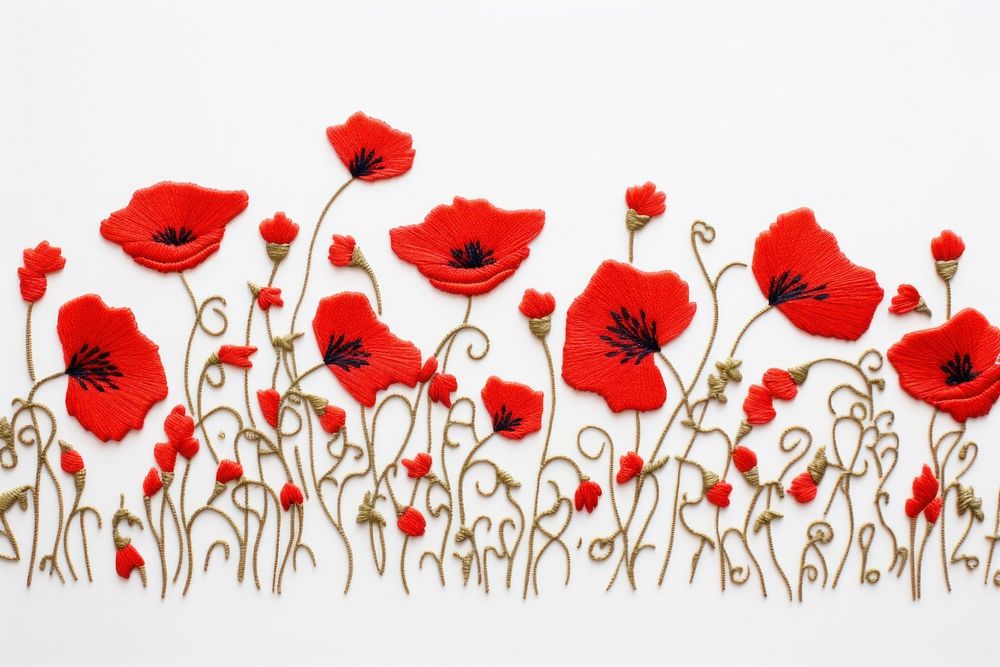 Poppy border in embroidery style pattern flower plant.