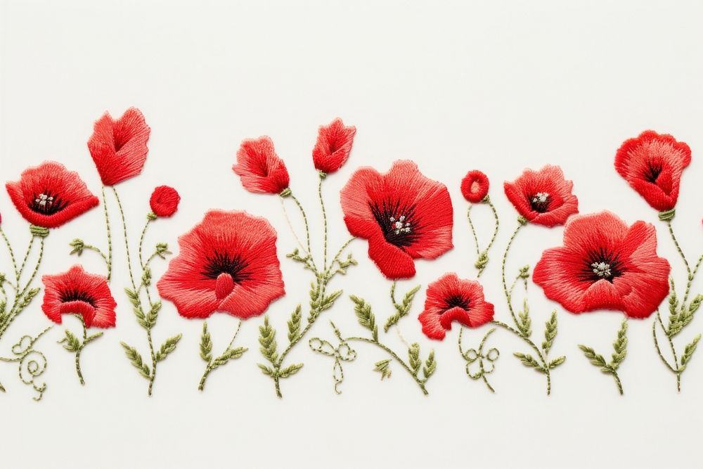 Poppy border in embroidery style pattern flower plant.
