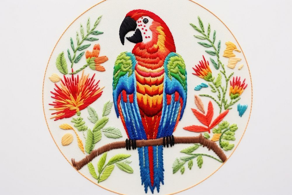 Parrot in embroidery style needlework pattern animal.