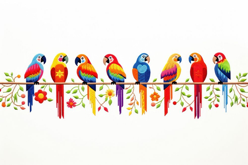 Parrots border in embroidery style animal bird creativity.