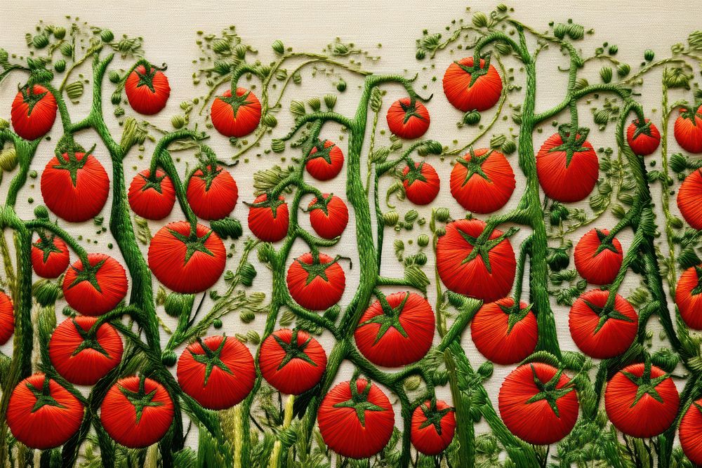 Tomatoes field in embroidery style art backgrounds vegetable.