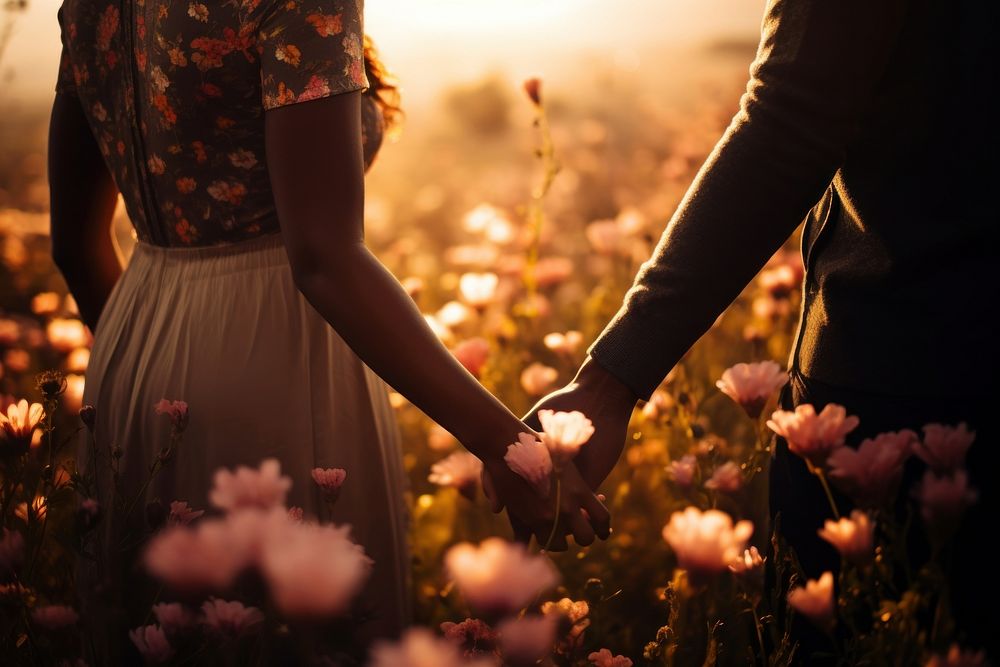 Black couple holding hands flower field love.