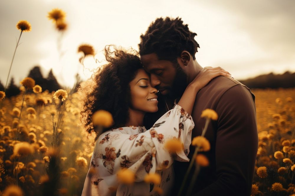 Black couple outdoors hugging flower.