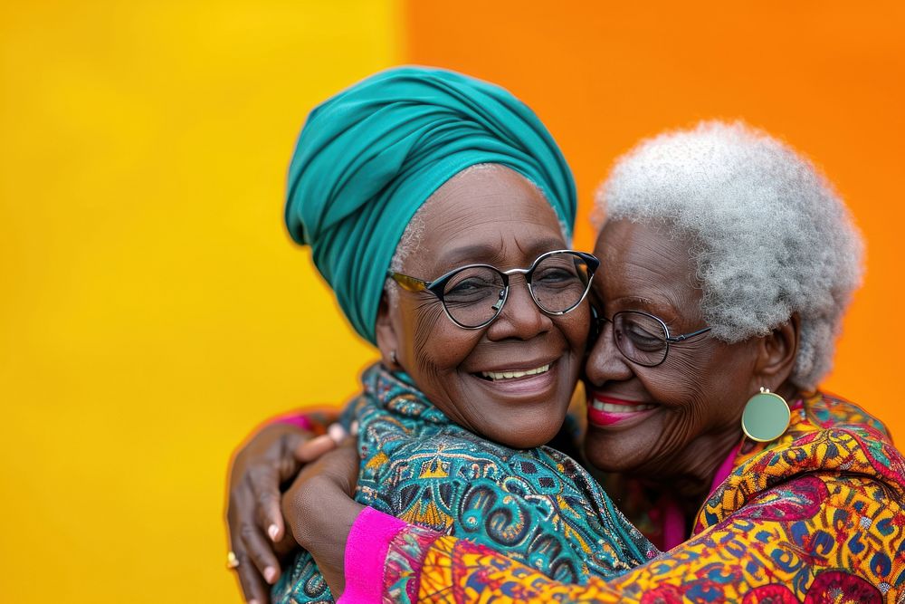 Black senior woman and friend hugging laughing portrait smile.
