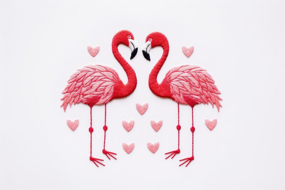 Flamingo hearts in embroidery style animal bird moustache.