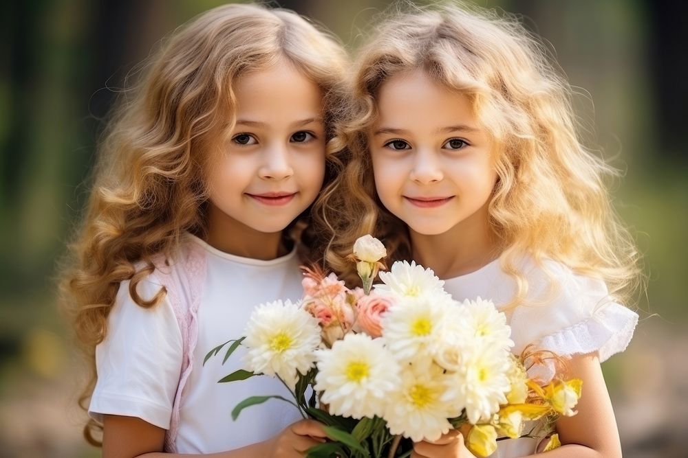 Children holding flowers portrait cute togetherness. AI generated Image by rawpixel.