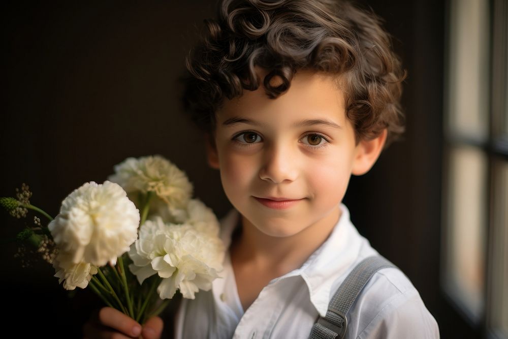 Boy holding flowers portrait child plant. AI generated Image by rawpixel.