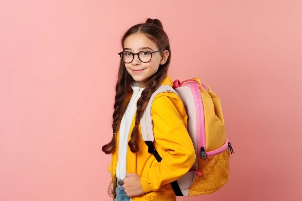 Girl girl with backpack portrait glasses intelligence. AI generated Image by rawpixel.