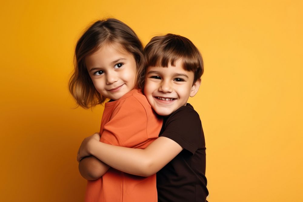 Ittle children friends hug your shoulders portrait hugging togetherness. AI generated Image by rawpixel.