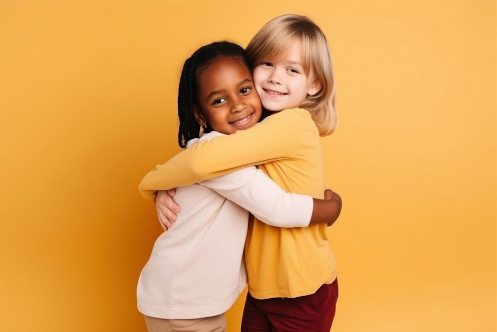 Ittle children friends hug your shoulders portrait hugging togetherness. AI generated Image by rawpixel.