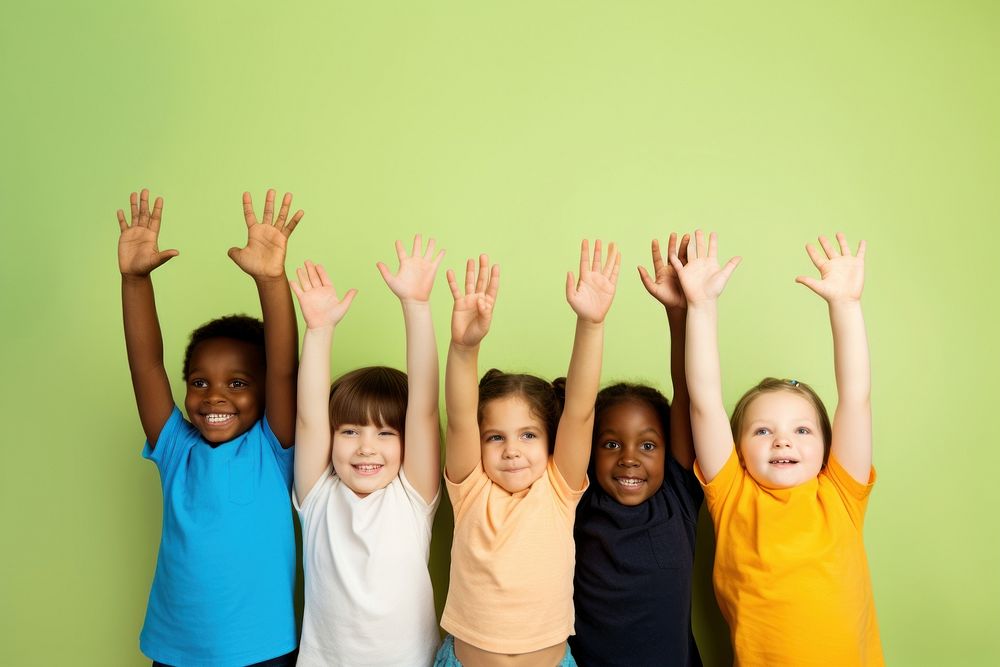 Little children friends hands up portrait togetherness photography. AI generated Image by rawpixel.