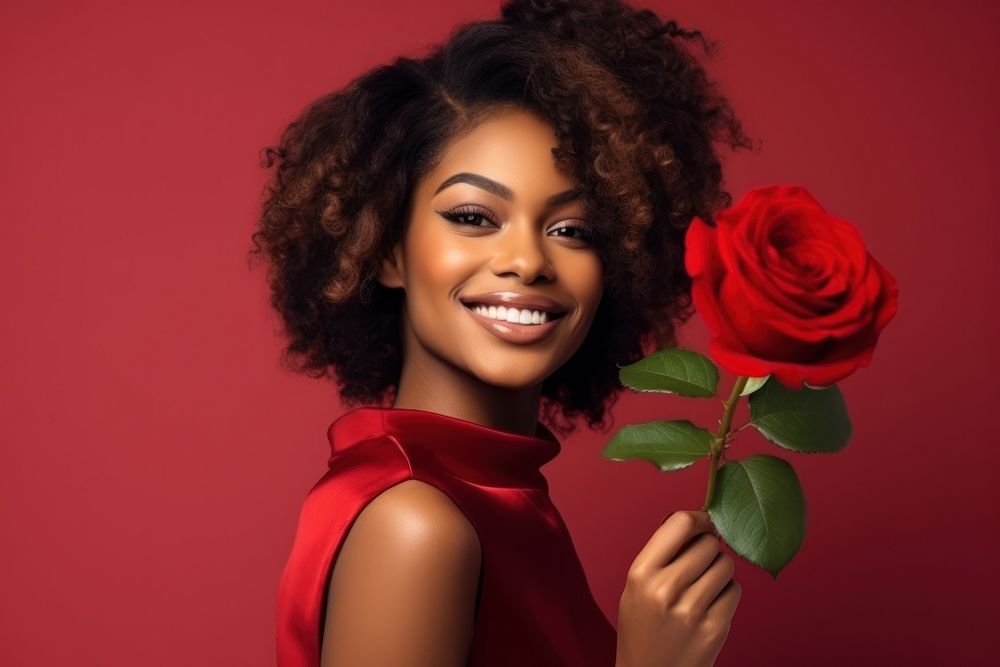 Black woman holding bouquet red rose portrait smiling flower.