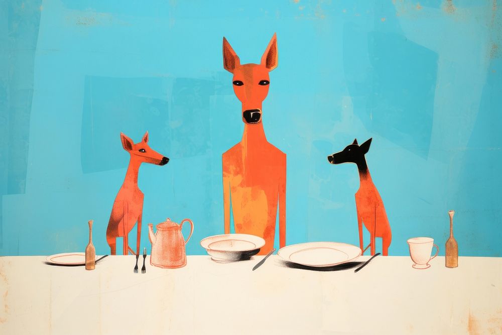 Dog family eatting dinner animal art mammal.