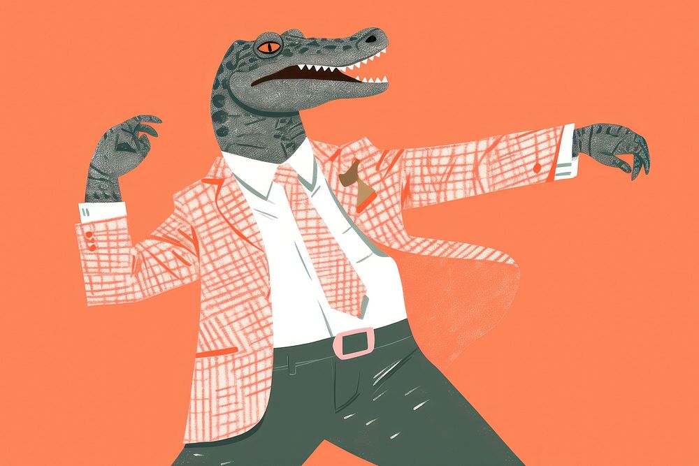 Illustration minimal of a crocodile wearing suit dancing dinosaur reptile animal.