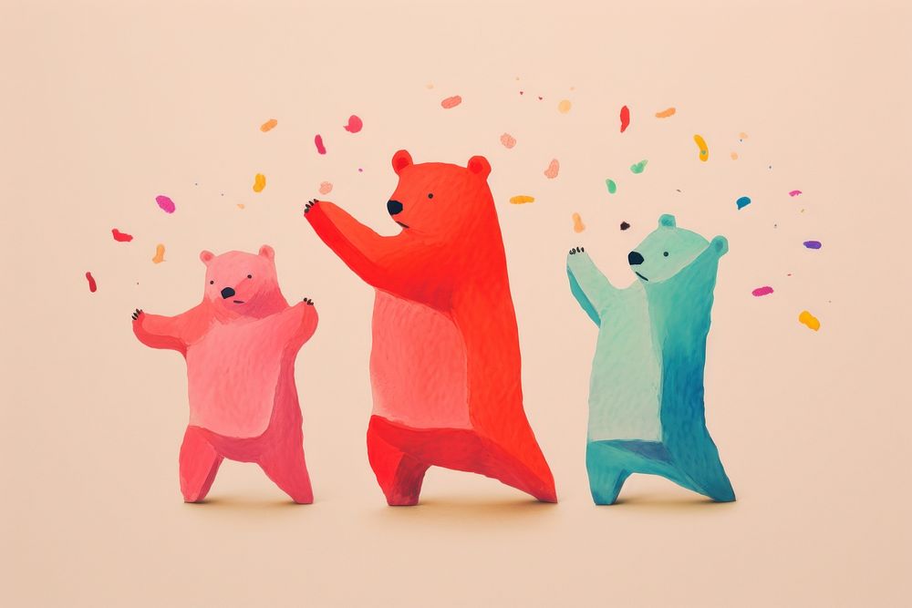 Illustration minimal of 4 bear dancing with music mammal paper art.