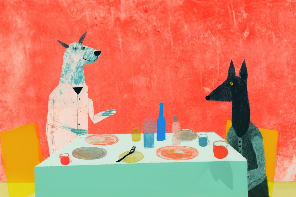 Dog family eatting dinner animal painting mammal.