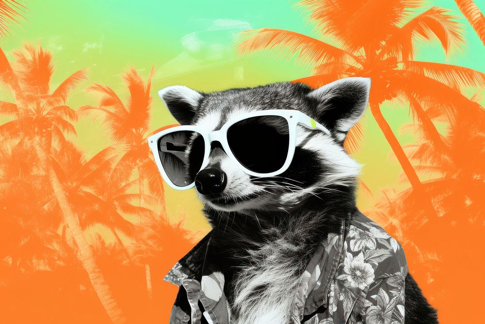 Raccoon wearing sun glasses on the beach sunglasses mammal animal.