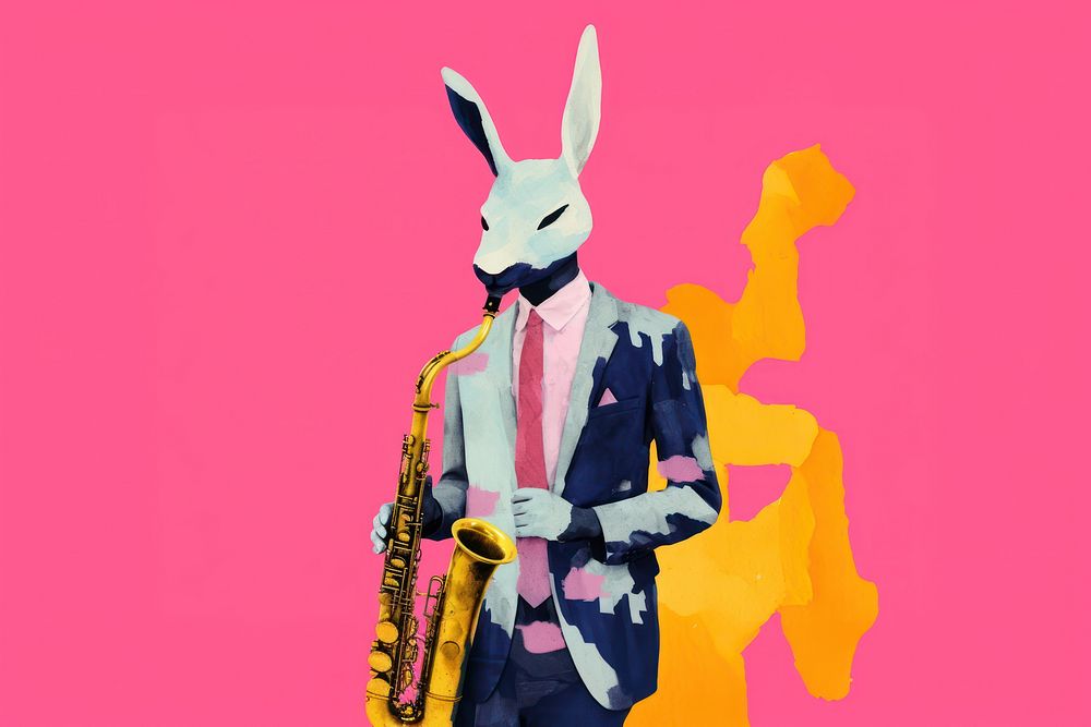 Illustration minimal of a rabbit playing saxophone cartoon animal adult.