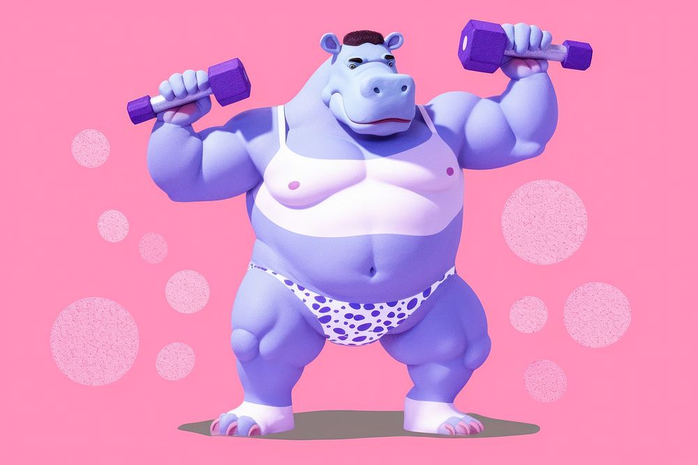 Hippo carrying dumbbells cartoon sports purple.