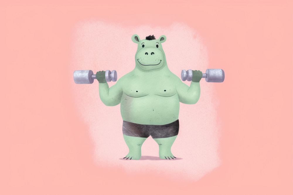 Hippo carrying dumbbells representation bodybuilding bodybuilder.
