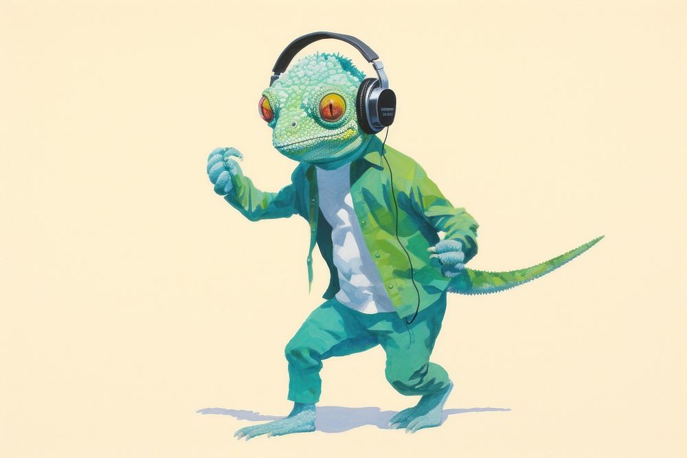 Chameleon wearing headphone and dancing headphones cartoon representation.