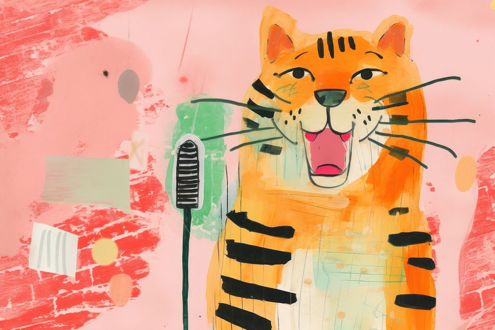 Illustration minimal of a tiger holding microphone painting animal mammal.
