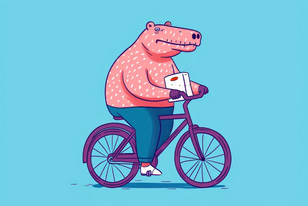 Hippo holding pizza box and riding bicycle cartoon sports representation.