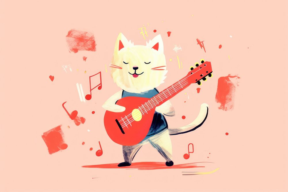 Illustration minimal of a dog playing guitar with cat art representation performance.