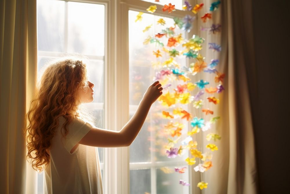 Girl putting paper rainbow on the window adult contemplation transparent.
