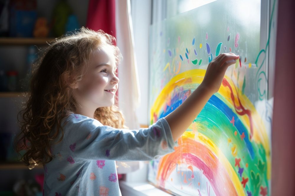 Girl painting rainbow on the window child transparent paintbrush.